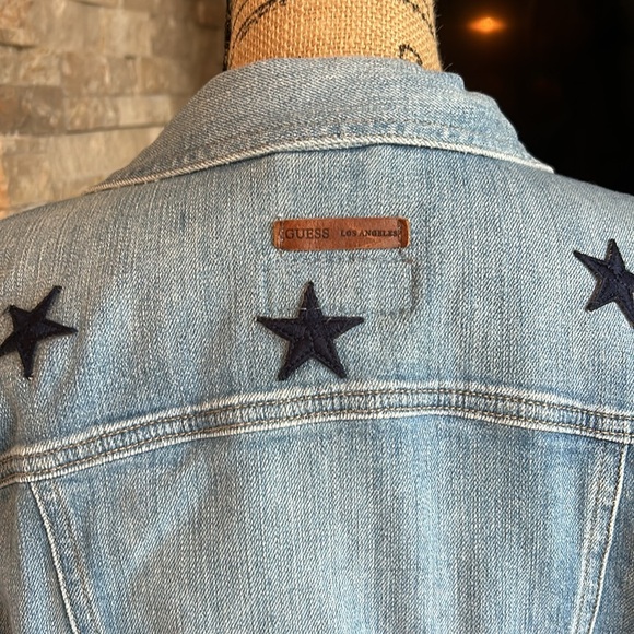 Guess cropped raw hem 3/4 sleeve hippie patches star cactus peace jean jacket - Picture 10 of 16